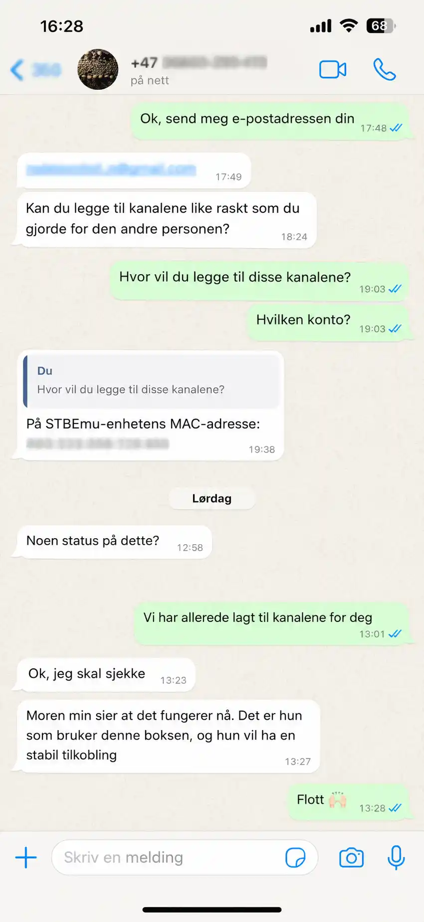 WhatsApp-melding fra kunde 1 om IPTV Norge
