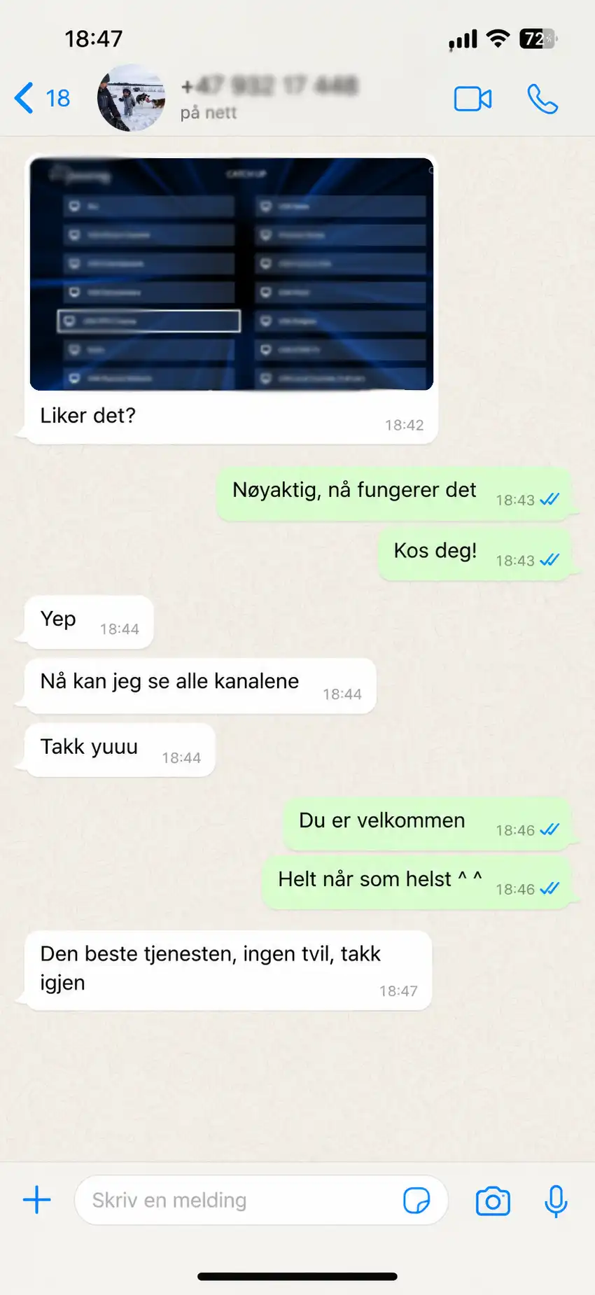 WhatsApp-melding fra kunde 4 om IPTV Norge