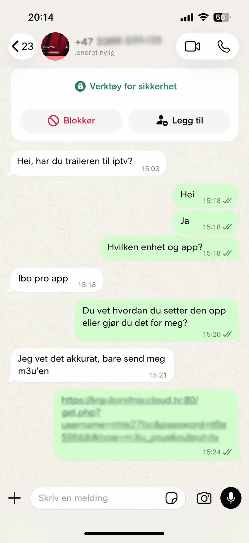 WhatsApp-melding fra kunde 7 om IPTV Norge